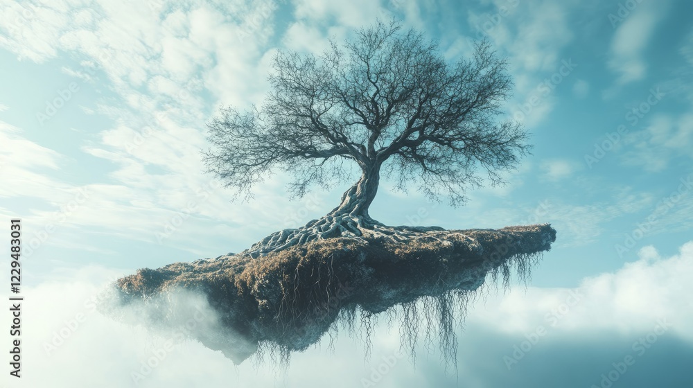 Poster a tree is floating in the air above a rocky surface. the tree is surrounded by clouds and he is floa