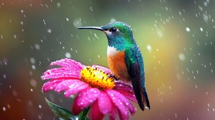 Fototapeta premium Hummingbird in the Rain on a Pink Flower
