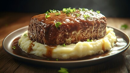 Savory Meatloaf Served With Creamy Mashed Potatoes and Rich Gravy Garnished With Fresh Herbs