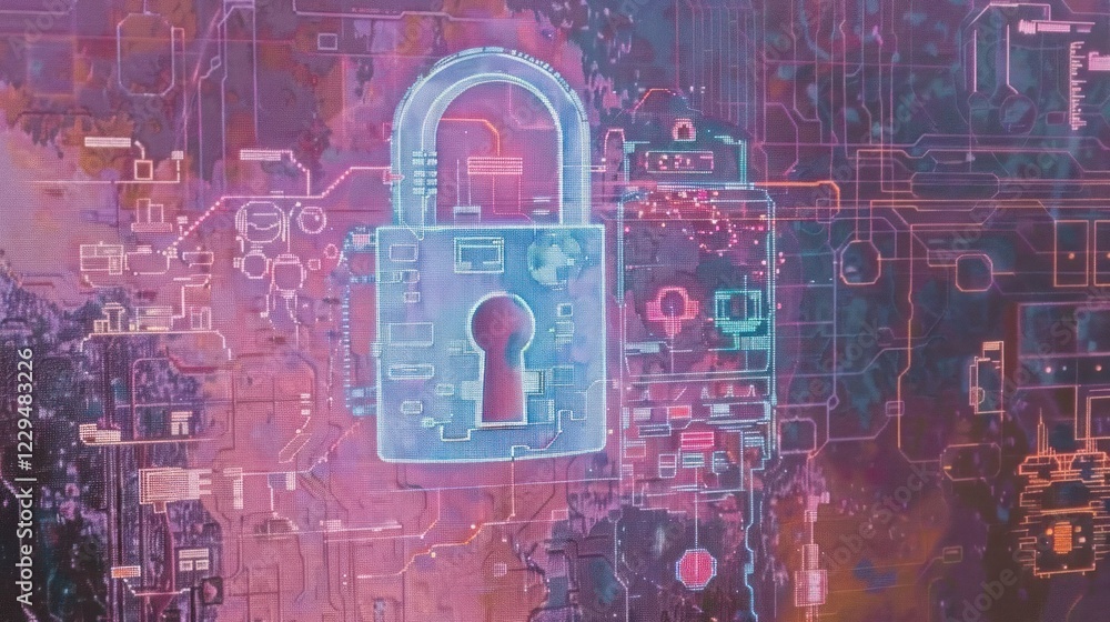 Poster abstract digital lock illustration representing cybersecurity and data protection in a vibrant backg