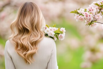 Naklejka premium A woman with long, wavy hair standing in a field of blooming cherry blossoms.
