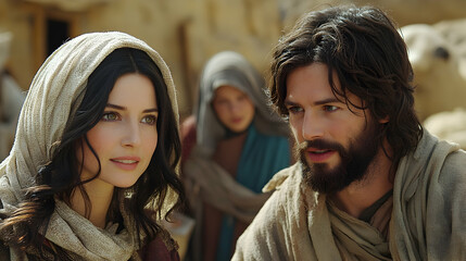 Fototapeta premium Couple conversing, desert background, child onlookers, biblical setting, historical drama scene