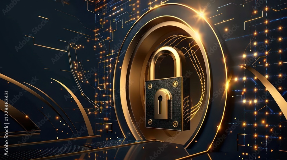 Poster digital lock symbolizing cybersecurity, set against a futuristic background with glowing circuits