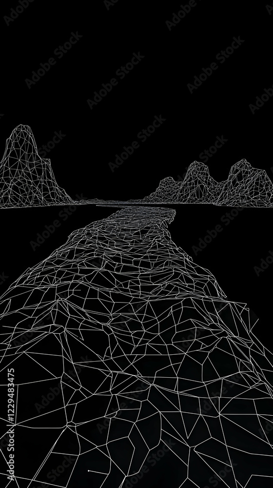 Poster abstract 3d wireframe landscape forms a river flowing through geometric terrain on a black backgroun
