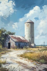 Rustic farmhouse with silo in serene rural landscape under blue sky