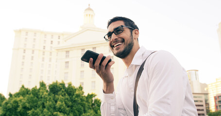 City, phone call and travel with man speaker outdoor for communication or work conversation. Business contact, voice memo and opportunity, happy employee person in urban town for commute or update