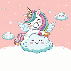 Template with cute humble unicorn with horn, wings and rainbow, hugs cloud on white background. Poster, banner, flyer, greeting card. Vector illustration in flat cartoon style