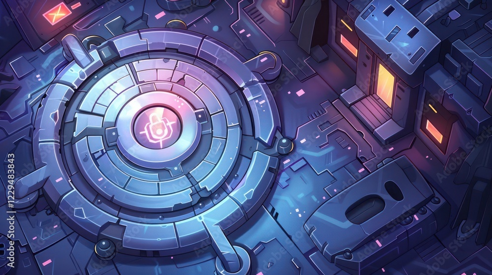 Poster futuristic digital landscape featuring a glowing circular platform and sci-fi structures