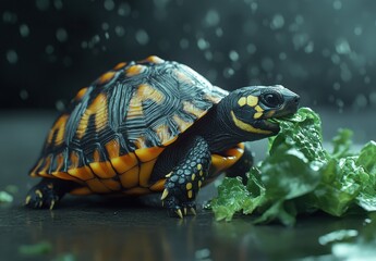 Obraz premium Close-Up of a Colorful Tortoise Eating Green Lettuce Under Soft Rainy Light in a Natural Setting with Rich Textures and Vibrant Colors