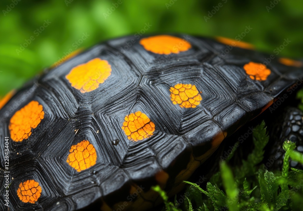 Aufkleber close-up of a colorful tortoise shell with bright orange spots set against a lush green background h