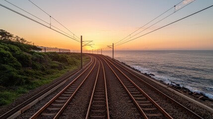 Captivating sunset view over train tracks by the ocean, showcasing nature's beauty and human engineering in harmony.