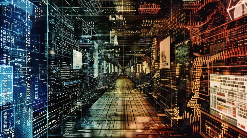 Poster abstract representation of a futuristic data corridor with illuminated pathways and digital elements