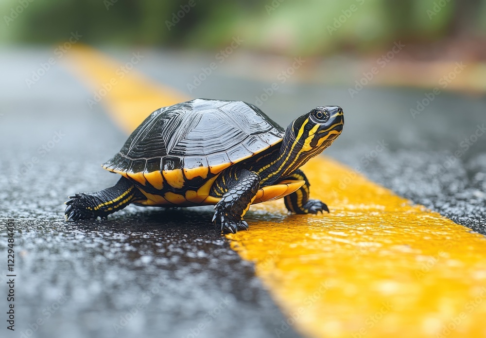Poster close-up of a colorful turtle crawling on a wet road with yellow stripes in a natural environment su