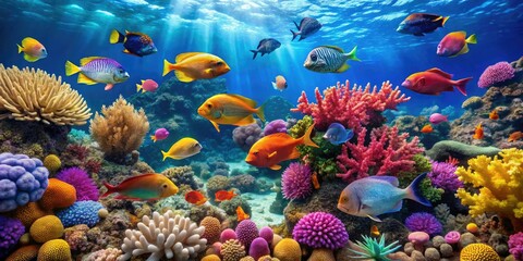 Naklejka premium Coral reef ecosystem vibrant colors multicolored fish species diverse marine life tropical waters, marine life, colorful fish, ocean, coral formations