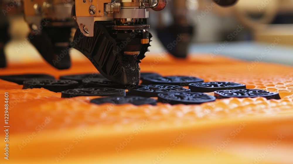 Poster high-precision robotic 3d printing process: close-up view of a robotic arm depositing black resin on