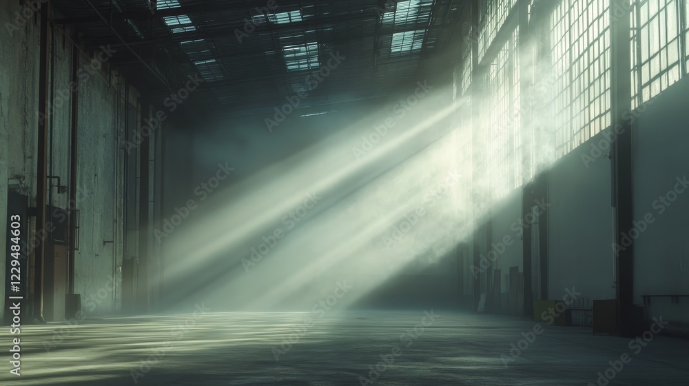 Poster sunlight streams through large windows in an industrial warehouse, creating beams of light and shado