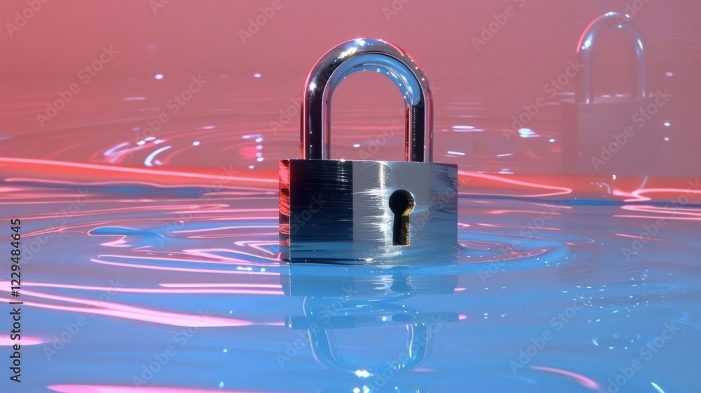 Poster a shiny padlock floating in colorful water, reflecting vibrant hues and creating a serene atmosphere