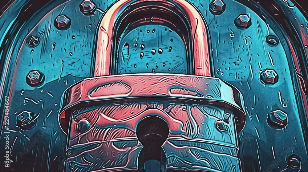 Poster close-up view of a colorful padlock surrounded by metallic textures and droplets, symbolizing securi