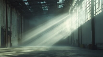 Sunlight streams through large windows in an industrial warehouse, creating beams of light and shadows on the empty floor. The serene atmosphere captivates the viewer.