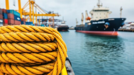 Close-up of a thick yellow rope at a busy harbor, with ships and cranes in the background.