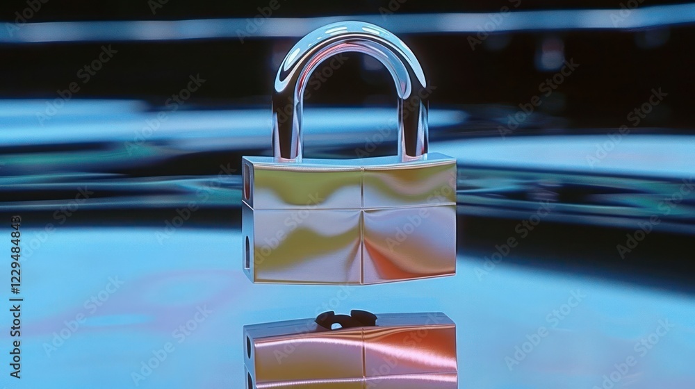 Poster a shiny, metallic padlock floating above a reflective surface with colorful light reflections