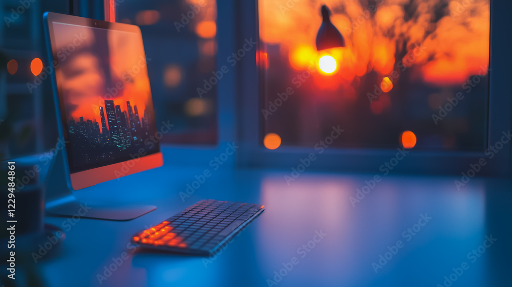 Poster cityscape sunset reflection: a desk with a computer and keyboard is illuminated by the warm glow of 