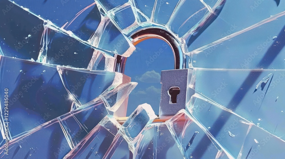 Poster a close-up view of a broken glass with a padlock in the center, symbolizing security and vulnerabili