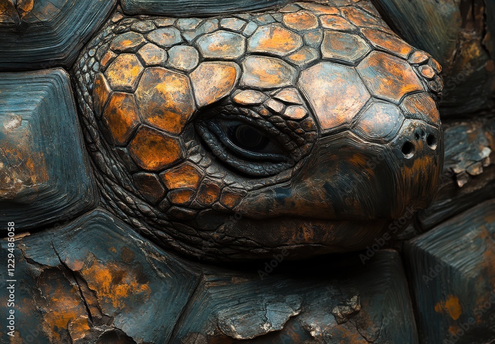 Poster close-up of a detailed textured tortoise shell showcasing intricate patterns and natural colors in a