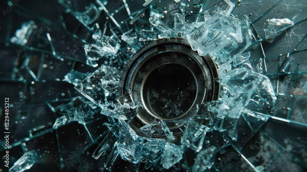 Poster close-up view of shattered glass surrounding a circular opening with sharp edges, creating a dramati