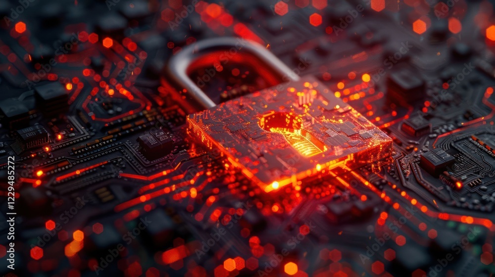 Poster a glowing padlock symbolizing cybersecurity on a circuit board with red lights, representing data pr