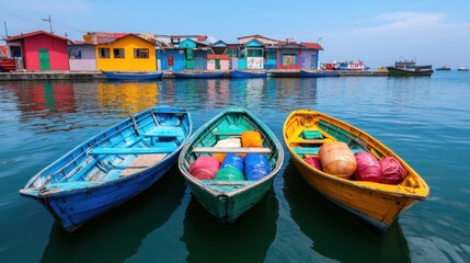 Obraz premium Colorful boats floating in tranquil water near vibrant houses, creating a picturesque seaside scene perfect for travel lovers.