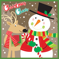 Christmas card design with snowman and reindeer