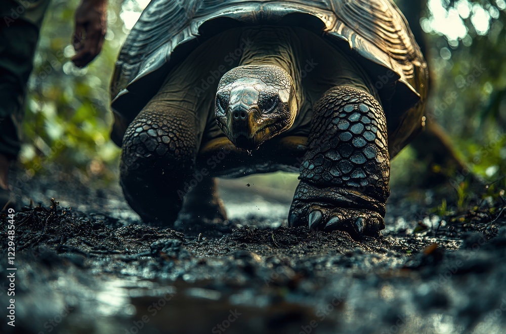Poster close-up of a giant tortoise walking on a forest path surrounded by lush greenery and soft natural l