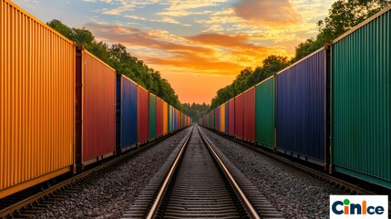 Obraz premium Colorful freight containers lined along railway tracks during a vibrant sunset, showcasing industrial transport and travel.