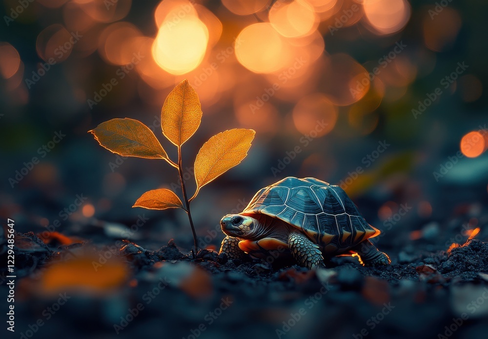 Aufkleber close-up of a juvenile tortoise exploring the ground next to a young plant with soft bokeh backgroun