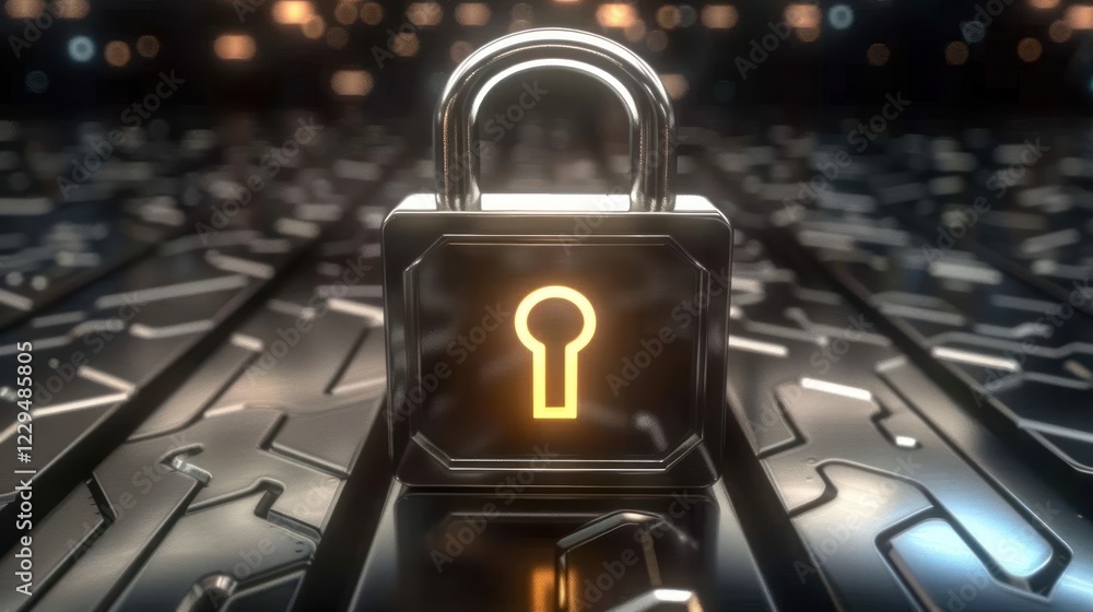 Poster metallic padlock with glowing keyhole on a futuristic patterned surface in a digital environment