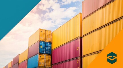 Fototapeta premium Colorful shipping containers stacked under a blue sky, representing logistics and global trade. Ideal for transport themes.
