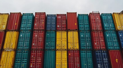 Fototapeta premium Colorful shipping containers stacked in an organized manner, symbolizing global trade and logistics.