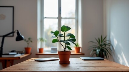 Cozy minimalistic home office with wooden table and plant