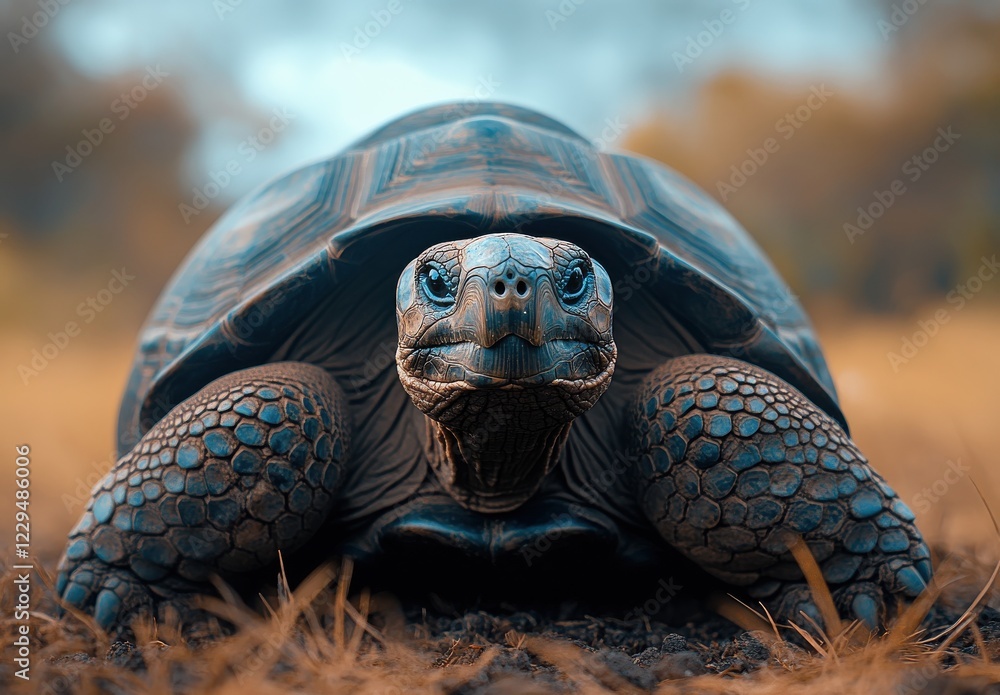 Poster close-up of a majestic tortoise in a natural setting with soft lighting and fine detail capturing it