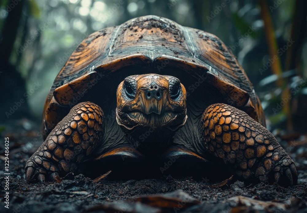 Poster close-up of a majestic tortoise in a lush forest setting, showcasing intricate shell patterns and un