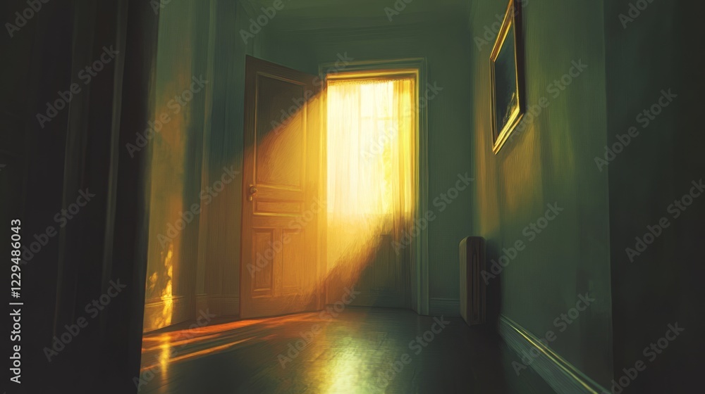 Poster a hallway with a door that is open and letting in sunlight. a window is also visible. a radiator is 