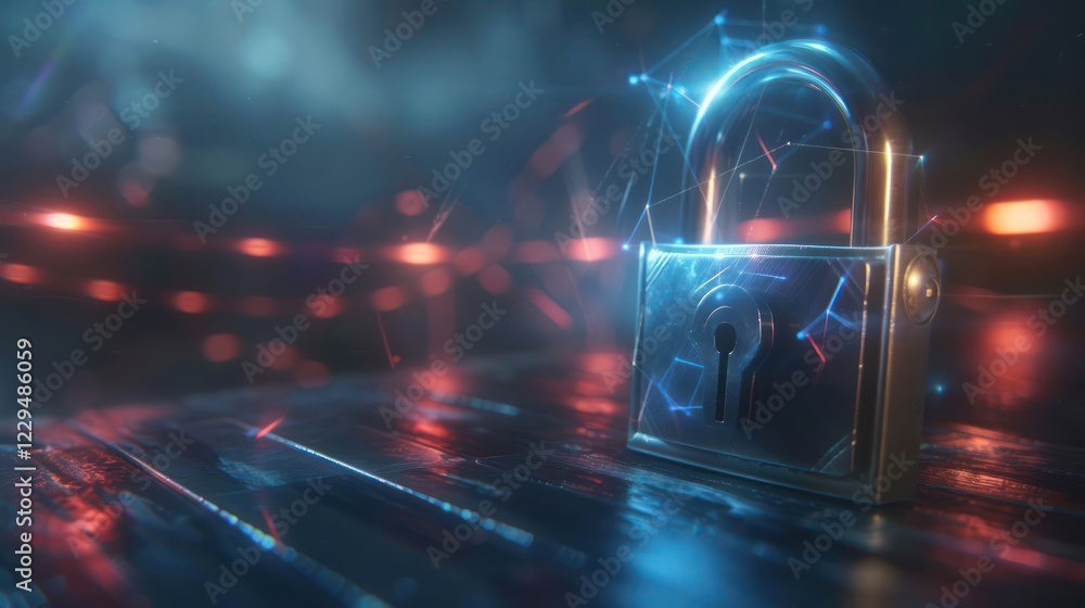 Aufkleber a futuristic padlock glowing with digital elements on a reflective surface in a dark setting