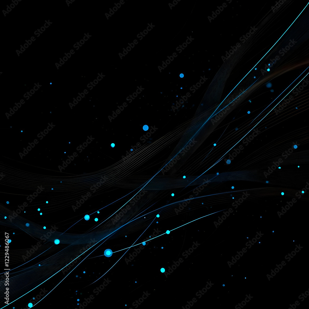 Poster abstract background with glowing blue particles and wavy lines dynamically interacting on a dark can