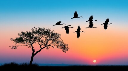 Obraz premium Silhouette Birds Soaring Sunset Sky