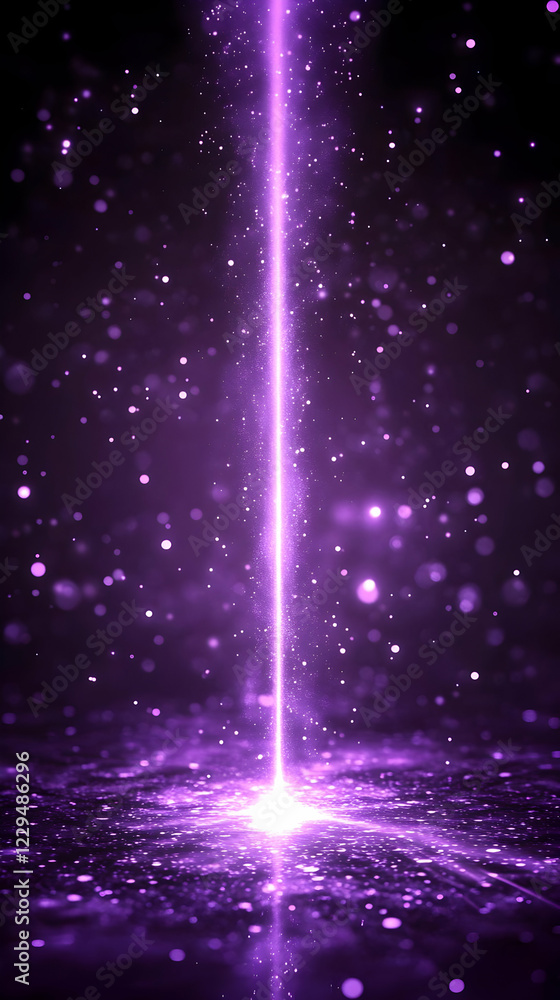 Poster purple light beam illuminates sparkling particles on a dark background with bokeh effect