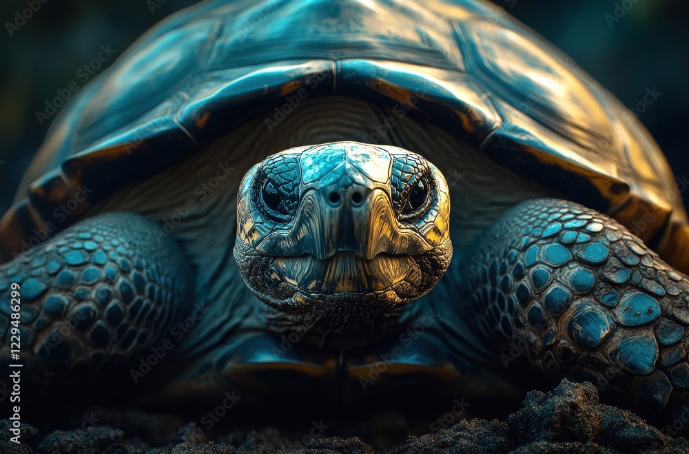 Poster close-up of a majestic tortoise showcasing intricate shell patterns and textures, emphasizing wildli