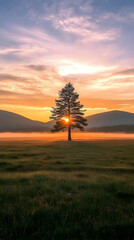 Lone Tree Stands Majestically in a Field as the Sun Rises Over Misty Mountains.
