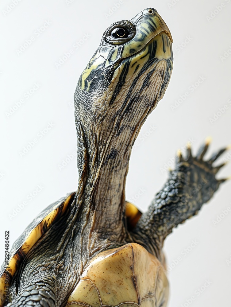 Poster close-up of a majestic turtle with detailed shell and striking features against a neutral background