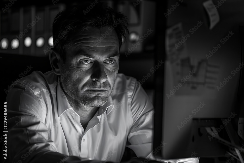 Poster businessman utilizing computer to manage global customer relationships and hr procedures at desk